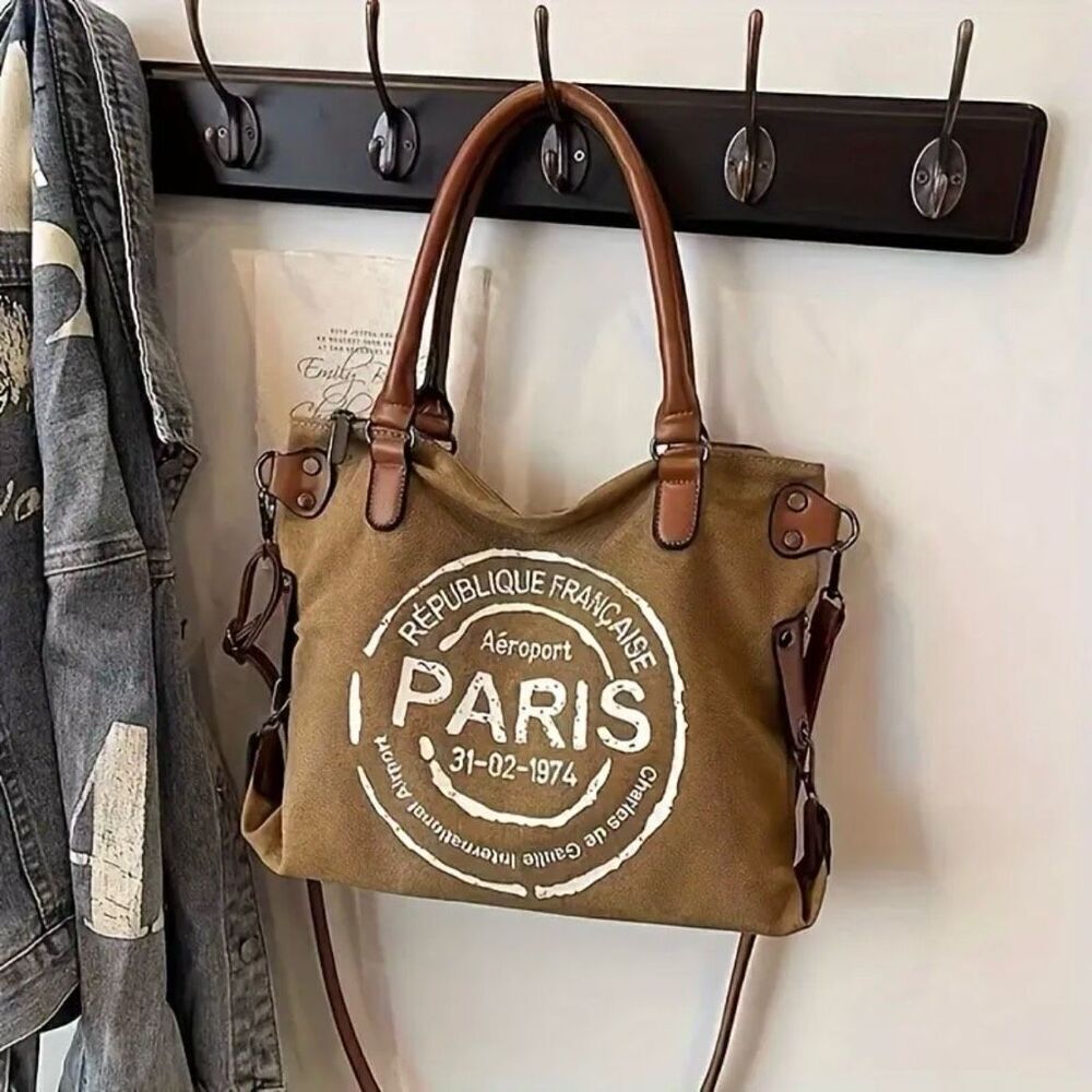 NWT PARIS Graphic Tan Beige White Pu Leather Crossbody Handbag Shoulder Tote Bag